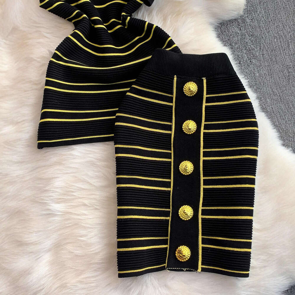 2026 European Fashion Asymmetric Collar Sleeveless Ruffle Knitted Top Luxury Meal Button and Slimming Half Skirt A13 Two Piece Set