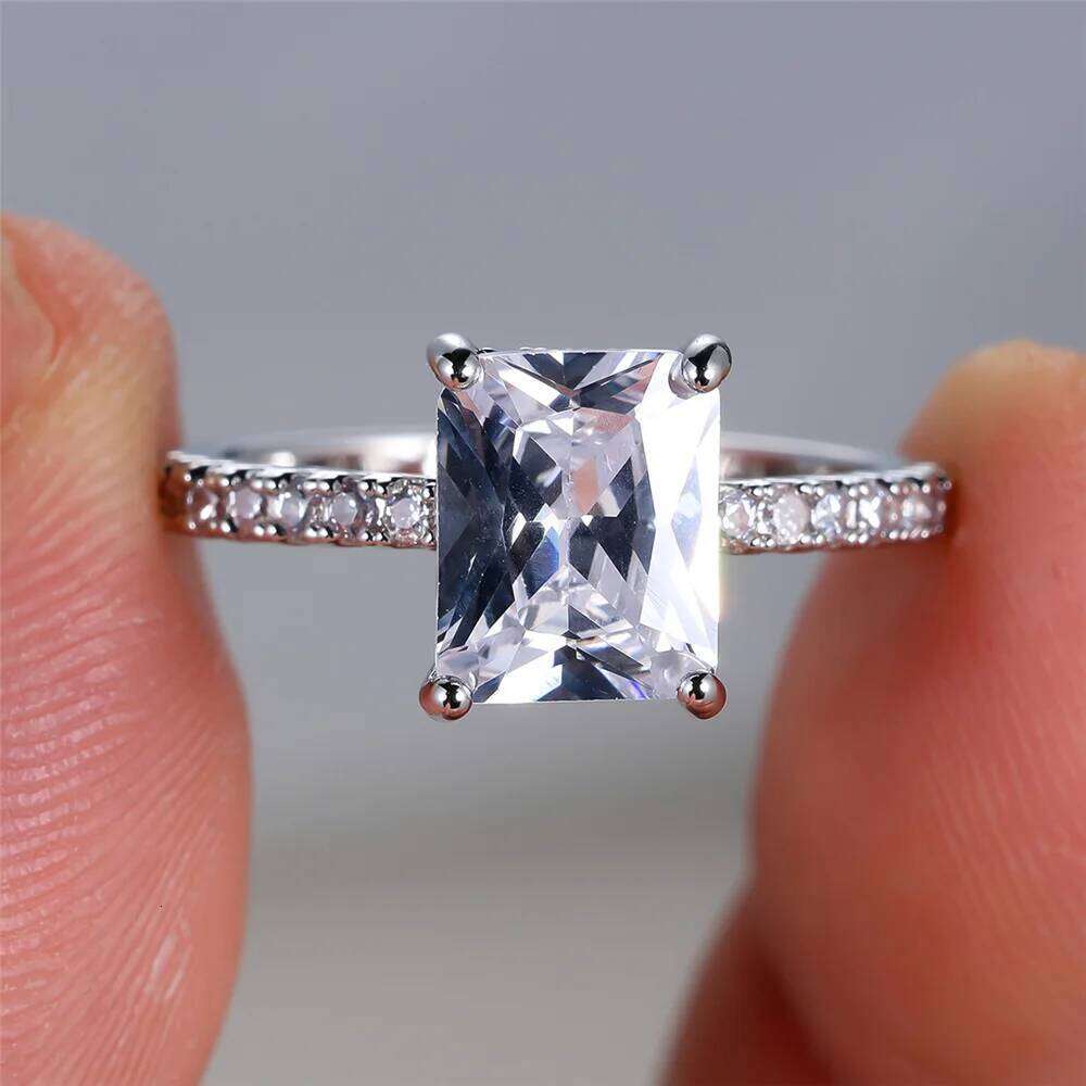 Classic Rectangle Stone Rings For Women Silver Color Geometric Square White Zircon Wedding Bands Engagement Bridal Jewelry H260312