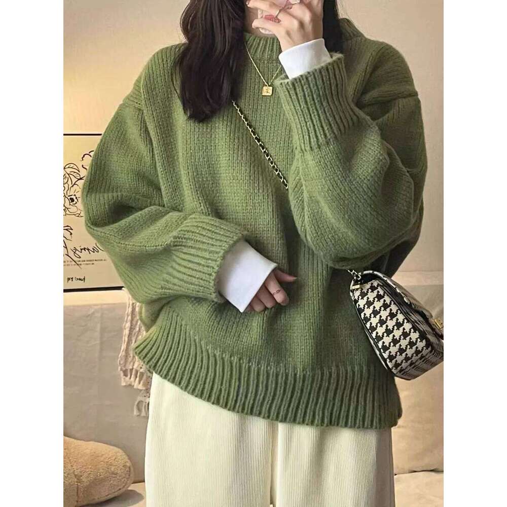 New O-Neck Loose Green Pullover Sweater For Women Autumn Winter Thick Retro Japanese Lazy Style Interior Bottom Knitted Top Z260313