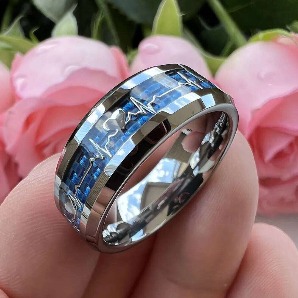Fashion 8mm SilverBlue Carbon Fiber Heart Inlay Tungsten Carbide Engagement Rings Wedding Bands Domed Polished Shiny Comfort Fit H260312