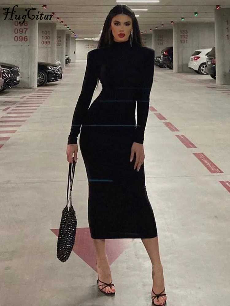 Hugcitar Women Fashion Turtleneck Long Sleeves Black Sexy Bodycon Maxi Prom Dress Fall Casual Clothes Streetwear Party FestivalT260316