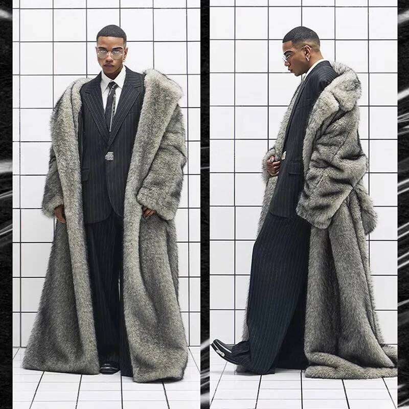 New men's fox fur lapels, long trendy overcoat, winter windproof and warm trench coat, large size Z260313