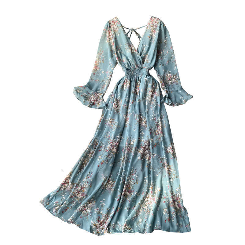 2026 Spring and Autumn V-neck Bell A12 shaped Sleeve High Waist Slimming Floral Skirt Super Fairy Style Waist Slimming Long Dress