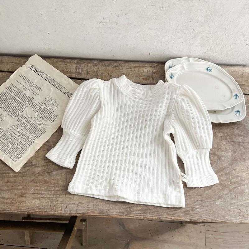 Women's Knits & Tees Children's Spring and Autumn Versatile Baby Girls' Stylish Floral Print Top with Puff Sleeves Ribbed T-Shirt for G