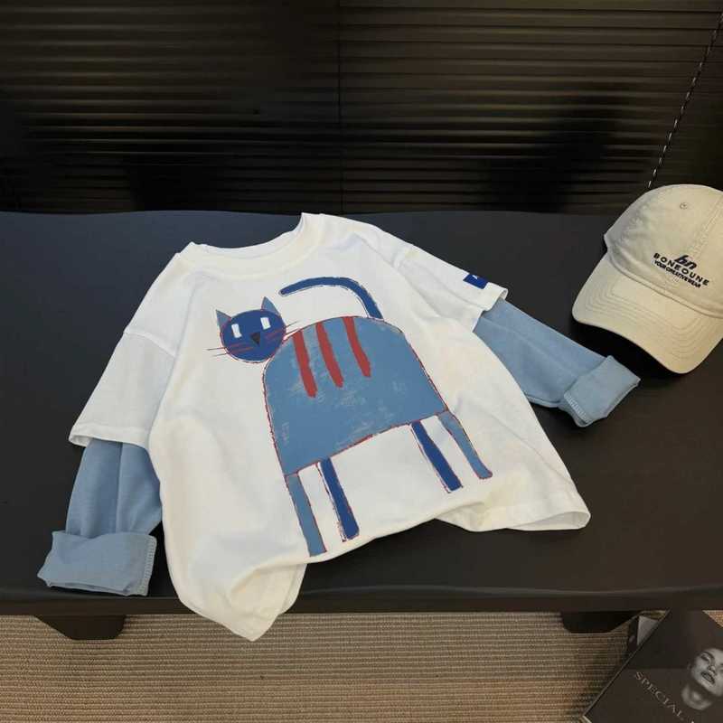 T-shirts Boys' two-tone color block T-shirt spring/autumn cartoon cat long-sleeve T-shirt for young children casual loose sweatshirt