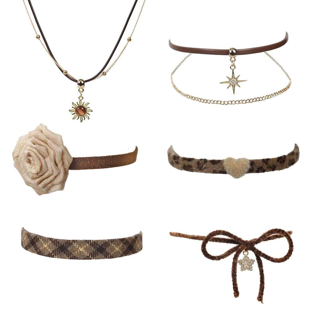 Y2K Vintage Brown Bowknot Flower Sun Stone Leather Pendant Necklace Stacking Choker Plush Leopard Clavicle Chain For Women Girl H260312