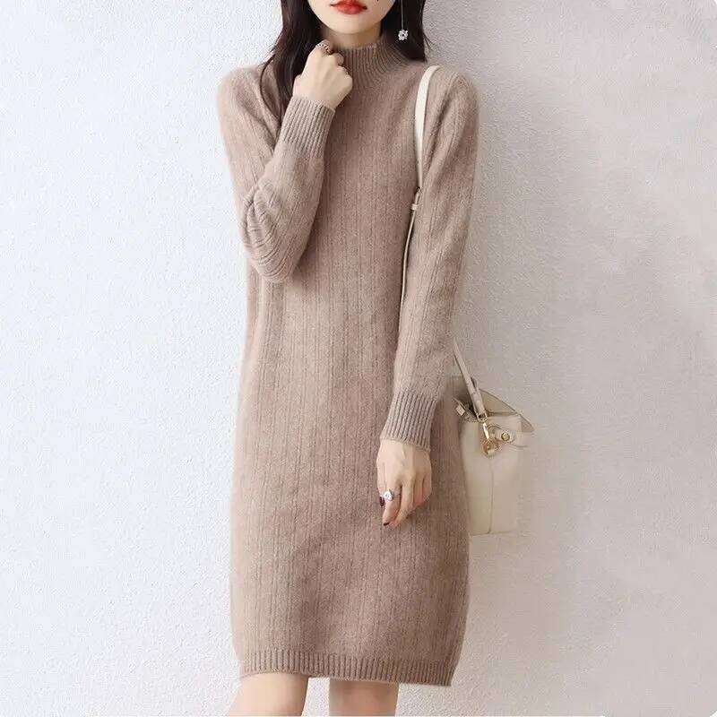 Autumn Winter New Women Solid Half High Collar Temperamen Fashion Long Sleeve Mid-length Straight Loose Knittd Dresses Z260313