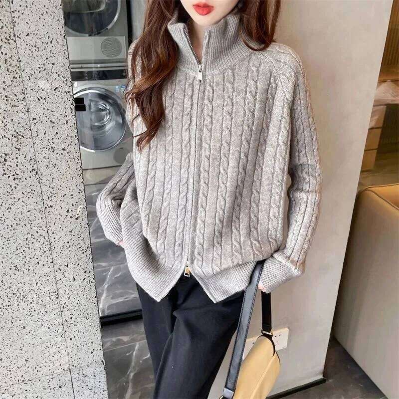 2025 Winter New Thick Turtleneck Cashmere Knitted Cardigan Women Casual Knit Loose Wool Sweater Female Tops Z260313