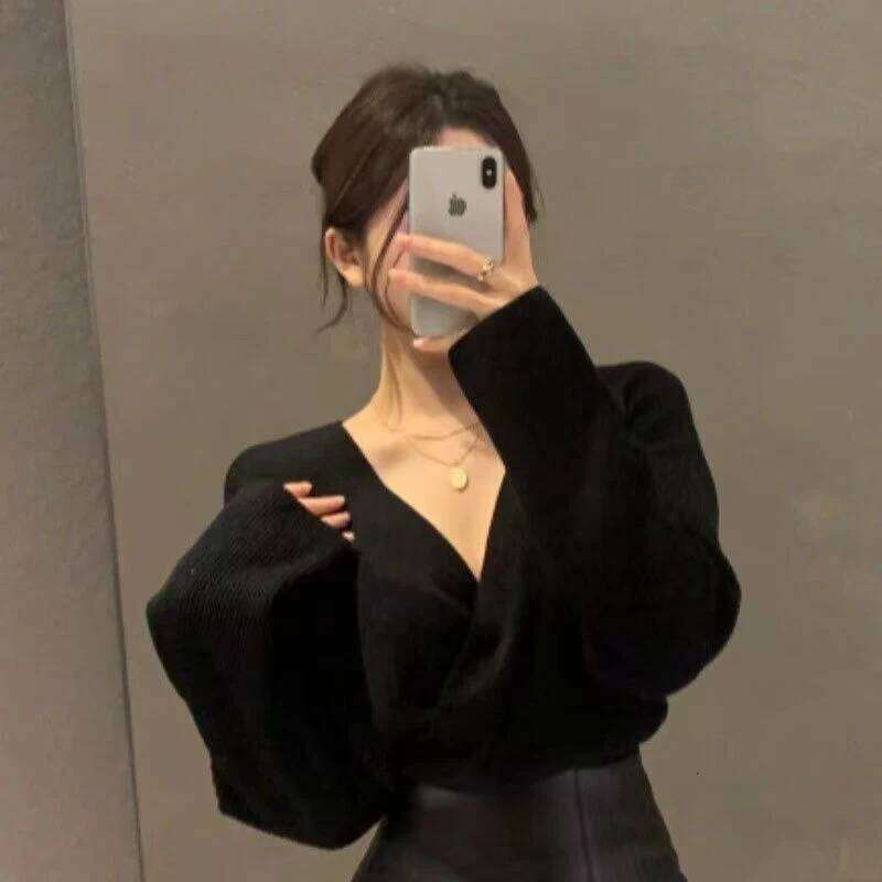 Chic V Neck Knitted Sweaters Women Irregular Cross Long Sleeve Office Lady Pullovers Fall Winter Korean Slim Fit Casual New Tops Z260314