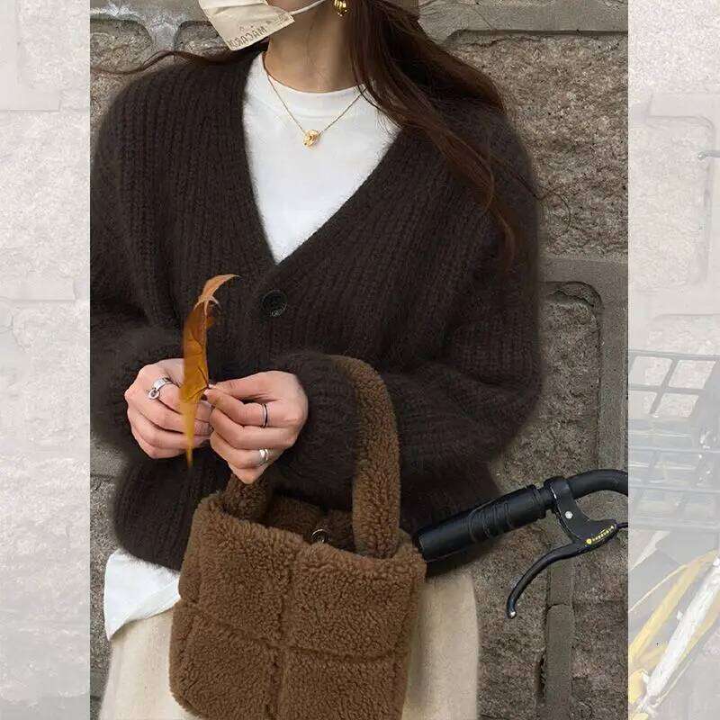 Deeptown Vintage Brown Knitted Women Korean Style Casual Long Sleeve Sweater Harajuku Autumn Winter Cardigan Aesthetics Z260313