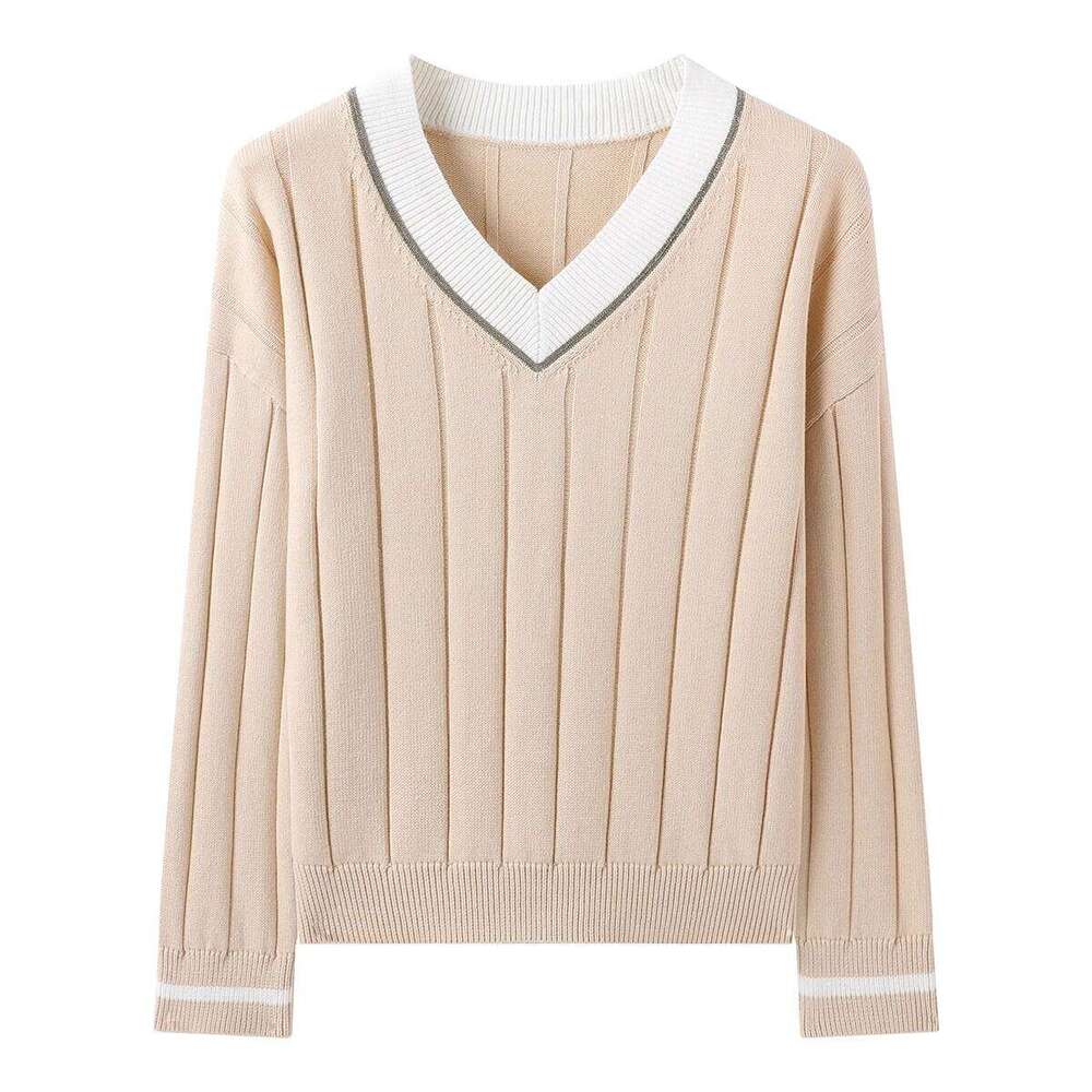 BY4521246 Women's Luxurious V-Neck Long Sleeve Sweater 100% Cotton Casual Knitted Pullover Fall Winter 2025 Z260314