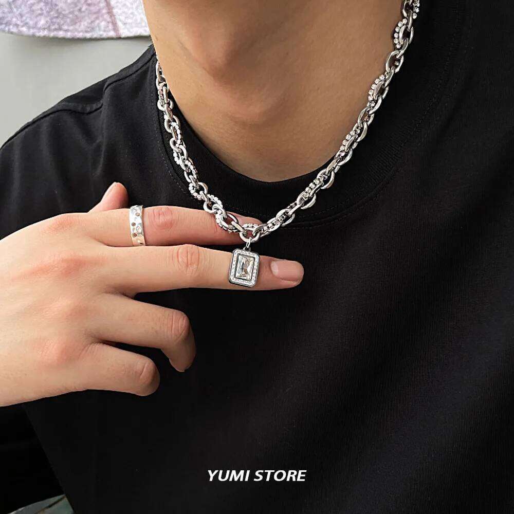 Hip Hop Square Zircon Necklace For Men Women Titanium Steel Male Pendant Sweater Chain Jewelry Charm Kpop Unisex Accessories H260312