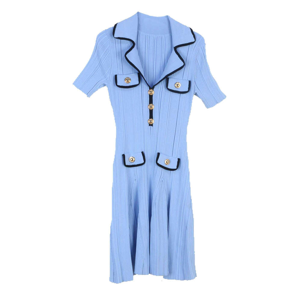 2026 Spring/Summer New Women's c10 Suit Collar Short Sleeve Slim Fit Waist Elegant French Knitted Dress