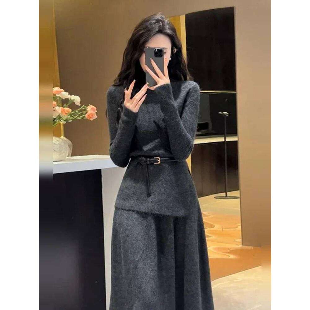 Female Knit Dress Retro Maxi Evening Turtleneck Robe Women's Crochet Dresses Grey Long Basic Youthful Elegant Pretty Luxury New Z260314