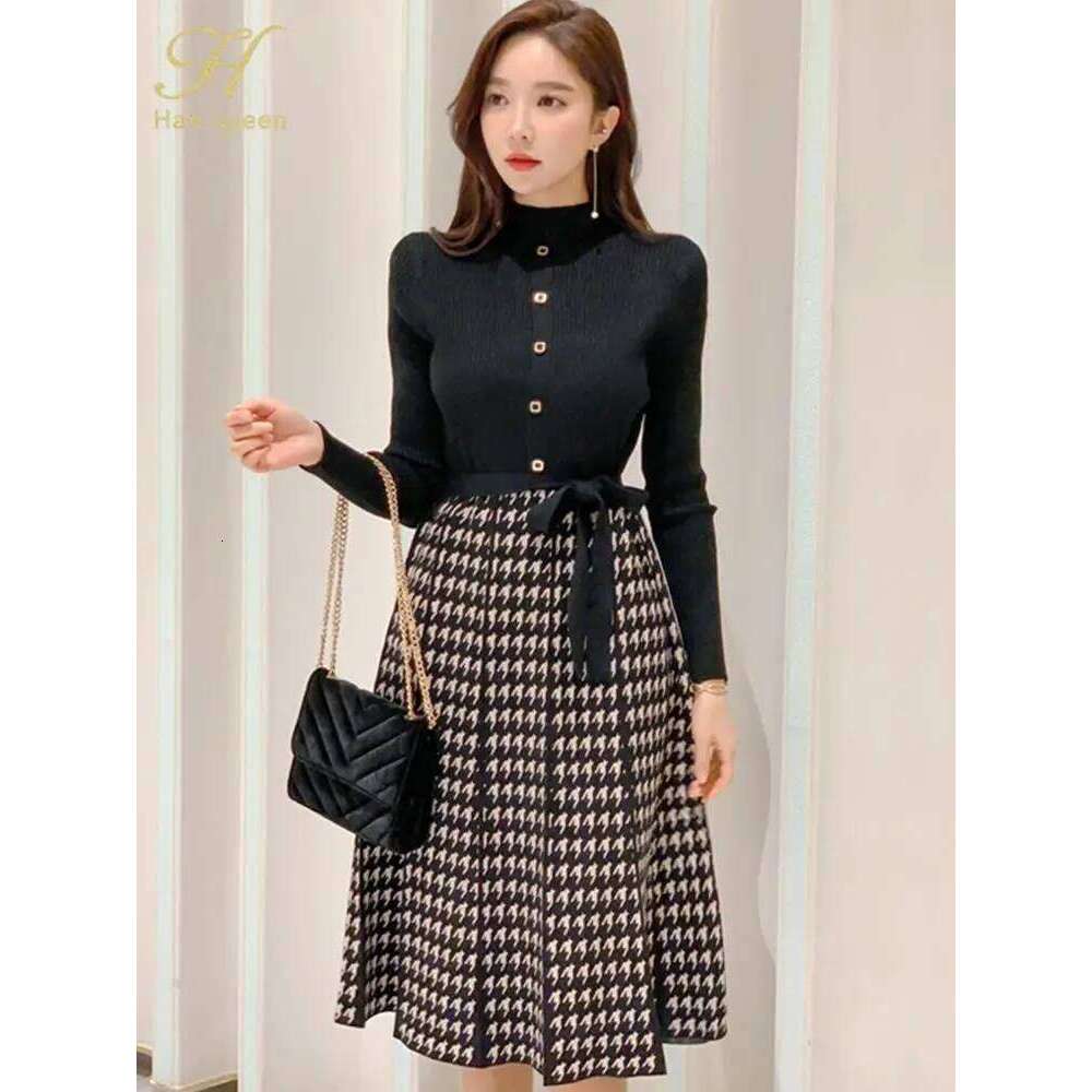 H Han Queen Winter Women Vintage Color block Houndstooth Knitted Dresses Lace-up Office Dress Elegant Bottoming Sweater Vestidos Z260314