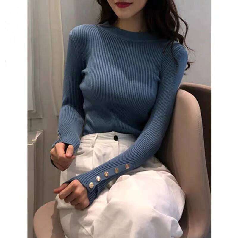 Ribbed Knit Gold Button Top for Women Long Sleeve Mock Neck Sweater Pullover Plain Jumper Fall Winter Basic Knitwear Outfit Z260314