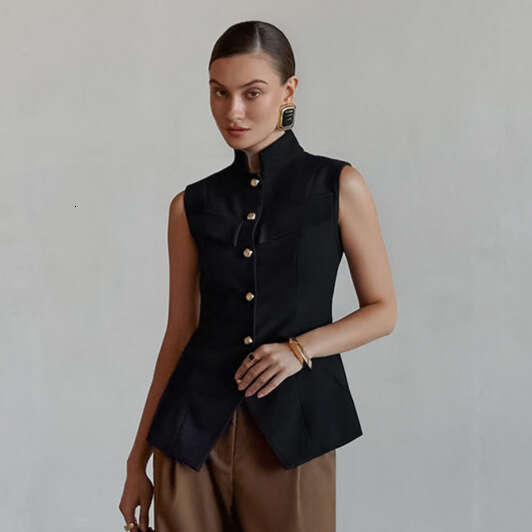Spring Summer European And American Women S Fashion Design Small Stand Up Collar Buttoned Sleeveless Waist Cinching Hem Slit Elegant Top Vest MAKOUFEI
