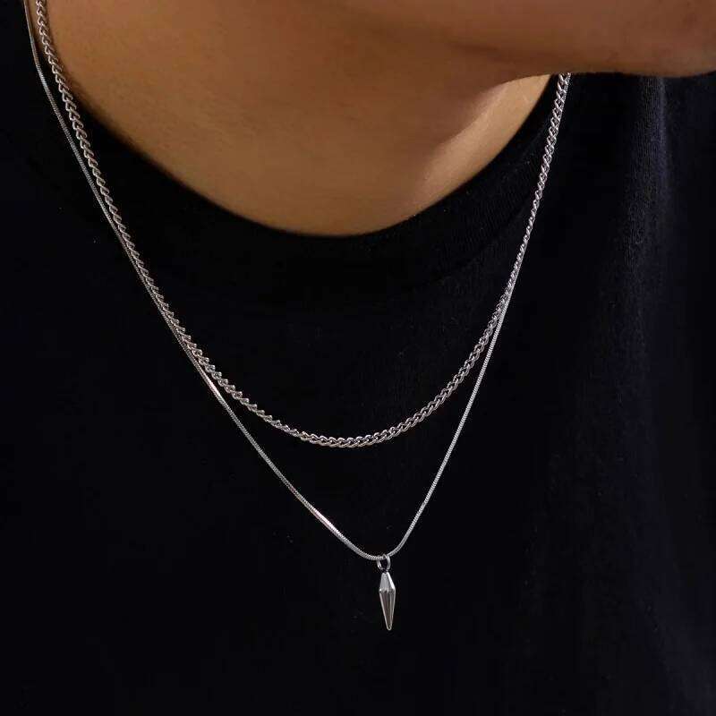 1 Piece Simple Double Layered Studded Hip Hop Personalized Fashion Alloy Silver Color Men's Pendant Necklace H260312