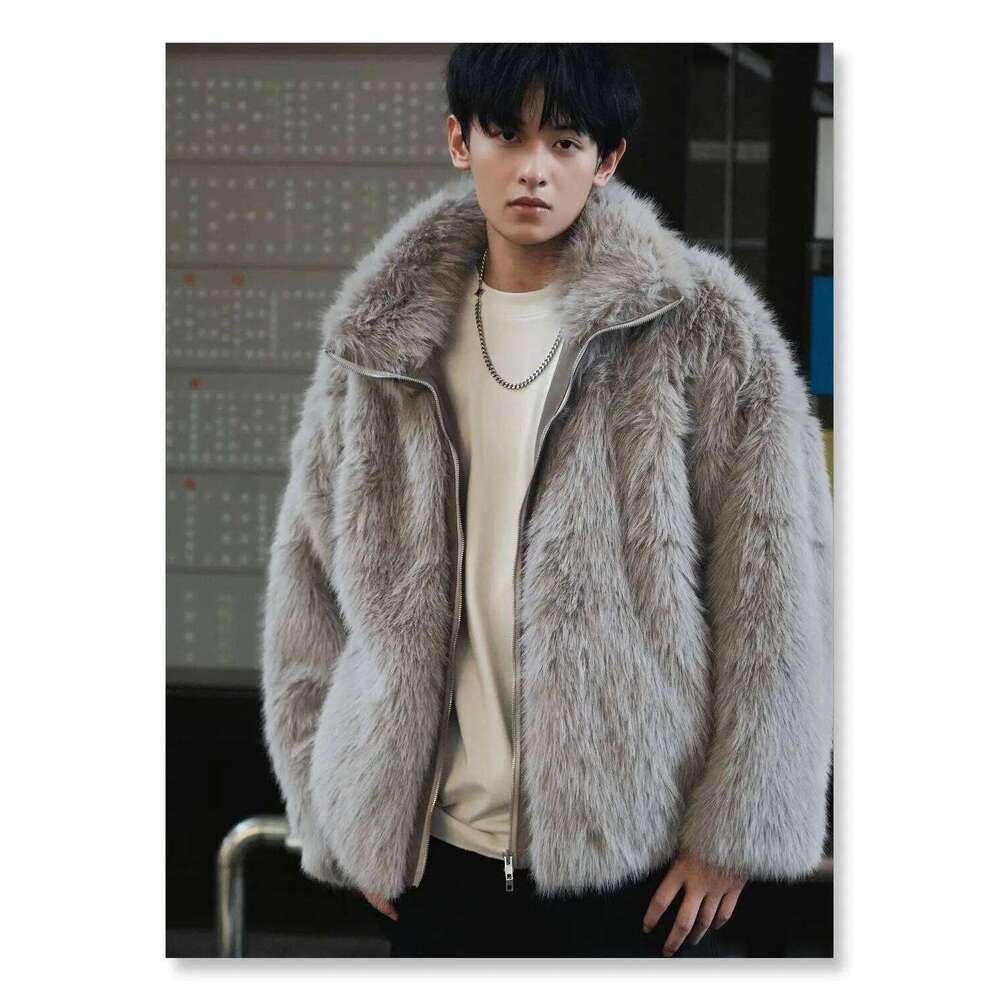 Men's Solid Color Turn-down Collar Long Sleeve Casual Trendy Loose Luxury Faux Fur Coats Winter New Fashion Male Clothes Tops Z260313