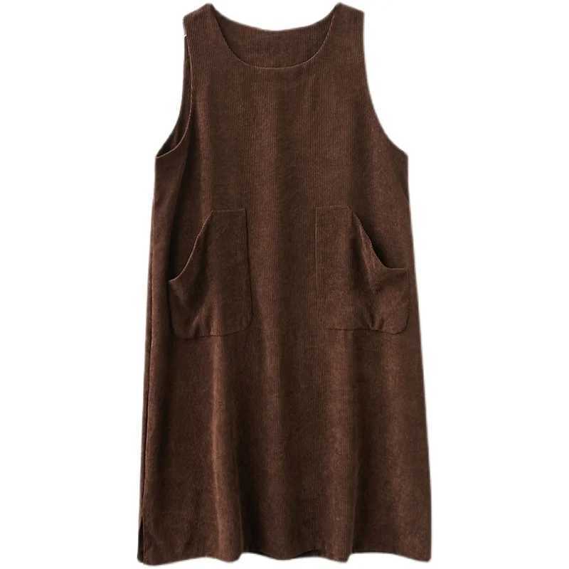 Retro Corduroy Gored Skirt Dr Womens Autumn Winter Artistic plus Size Loose Belly Covering Midi Length DrT260314