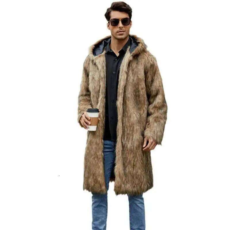 Faux Fur Coat Men Warm Loose Long Coats Hoodies Full Sleeve Midi Waist Thick Jackets Elegant Male Jacket Autumn Winter Z260313