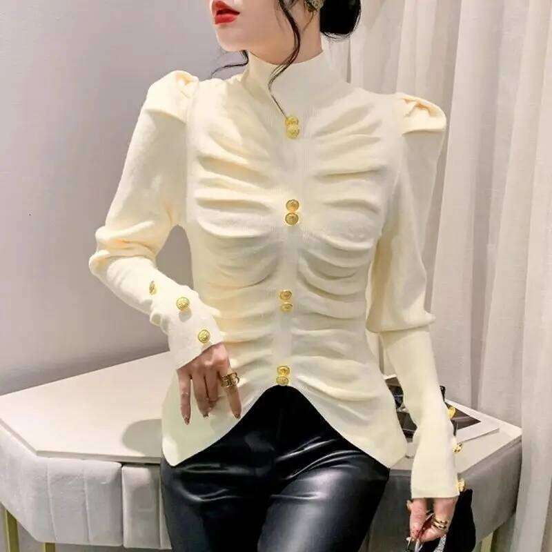 Semi-turtleneck Sweater Women's Bubble Sleeves Slim-fit Knitted Pullover Pleated 2024 Autumn New Long-sleeved Temperament Top Z260314