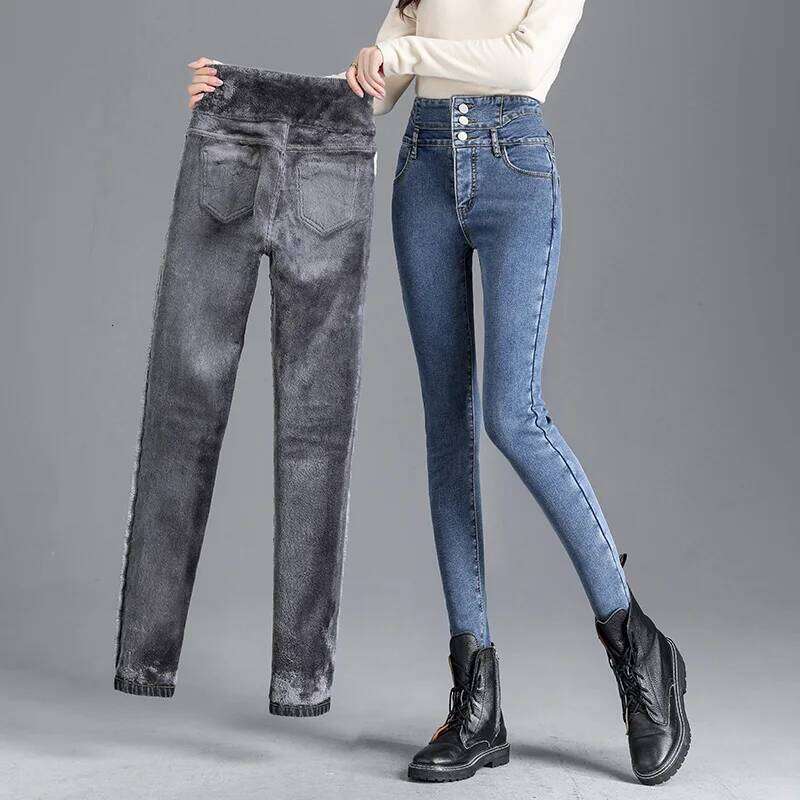 Thermal Winter Fleece High-waist Warm Skinny Thick Women Stretch Button Pencil Pants Mom Casual Velvet Jeans Z260313