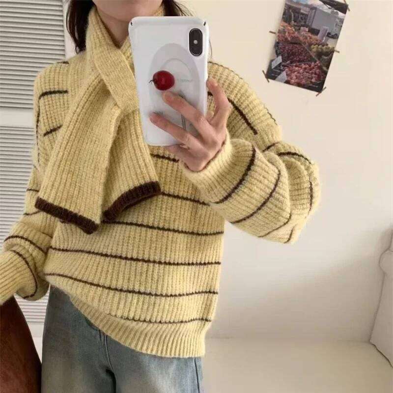 2025 Autumn Fashion Winter Pullover Stripe Sweater Warm Women Long Sleeve Scarf V-neck Elegant Loose Knitted Top Fall Knitwear Z260313