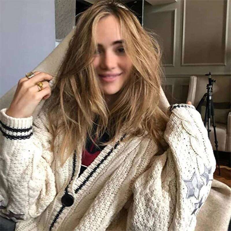 Chic Vintage Star Print Knitted Cardigan Preppy Cute Button Up V Neck Long Sleeve Coat Autumn Y2K Aesthetics Retro Sweater Z260313