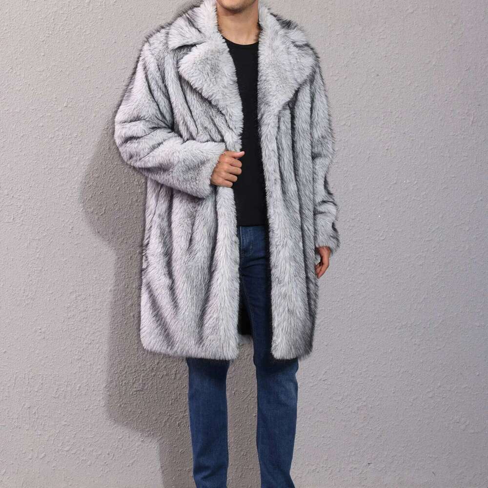 Men's Autumn Winter Faux Fur Coat Long Sleeve Turn Down Collar Open Front Jacket Z260313
