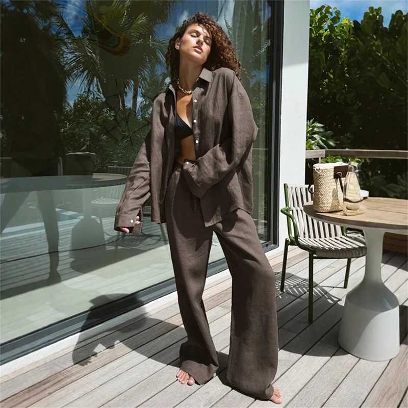 Classic Solid Shirt Pants Set Women Casual Loose Long Sleeved Lapel Elastic Waist Two Piece Suit 2025 New Summer Street Outfit M260313