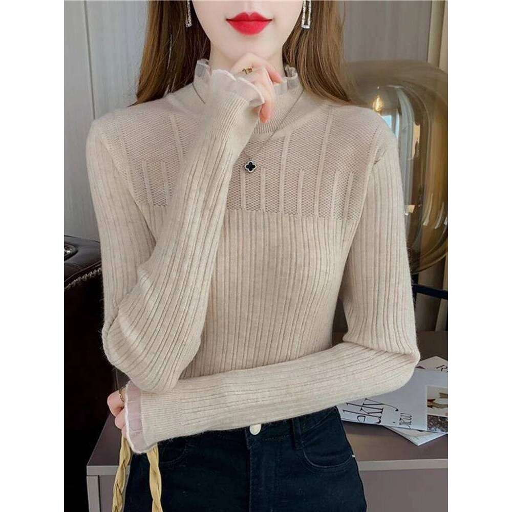 Lace Mock Neck Women Sweater Sexy See-through Knitwear Pullovers Jumper Autumn Winter Solid Soft Long Sleeve Sweaters Female Top Z260314