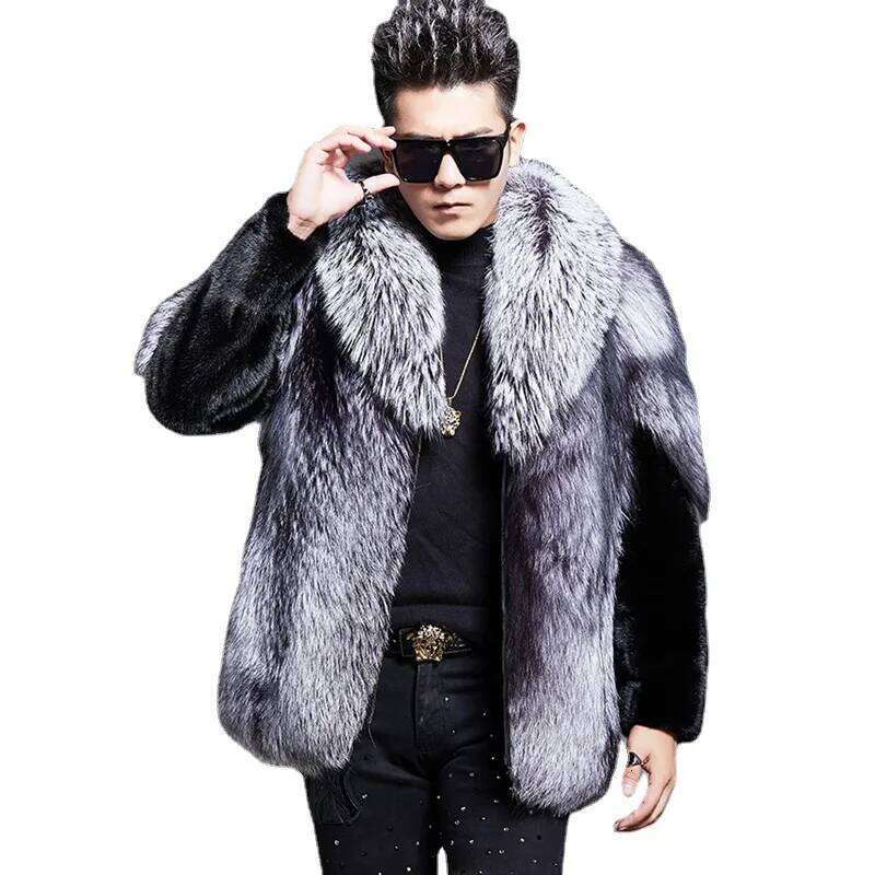 Thick Jacket Winter Fox Coats Men Faux Fur Outerwear Turn Down Collar Long Sleeve Cardigan 2025 Spliced High Street Z260313