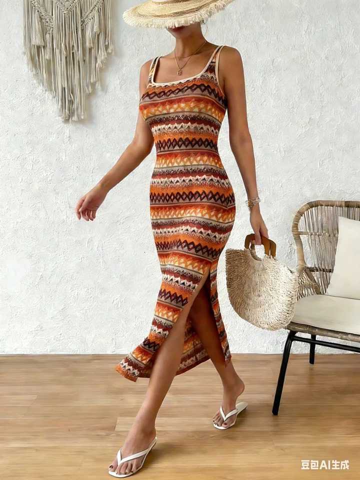 Geometric pattern tassel fashion simple dress elegant sleeveless slim dress spring and summer womenT260316