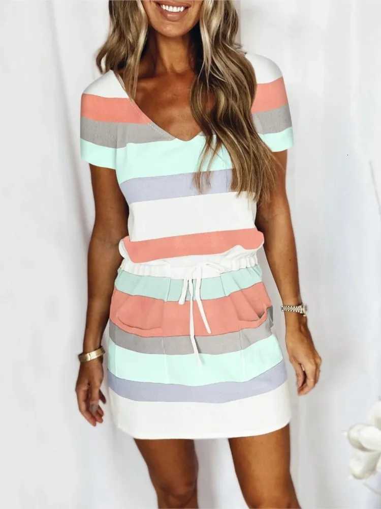 Summer New Stripe Print Mini Dresses Women Comfortable Casual V-neck Drawstring Elastic Waist Dress Lady Commuting Style VestidoT260314