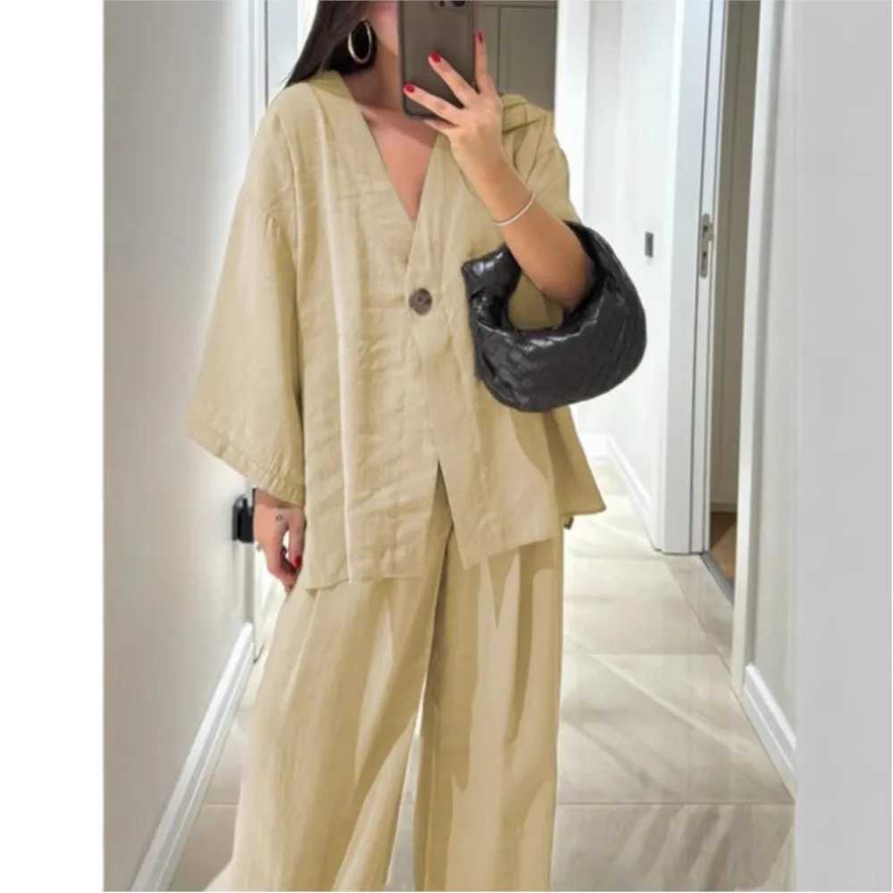 WomenS Classic Solid Wide Leg Pants Suits Summer Fashion V Neck One Button Loose Blouse Sets Casual Female Daily Streetwear2025 M260313