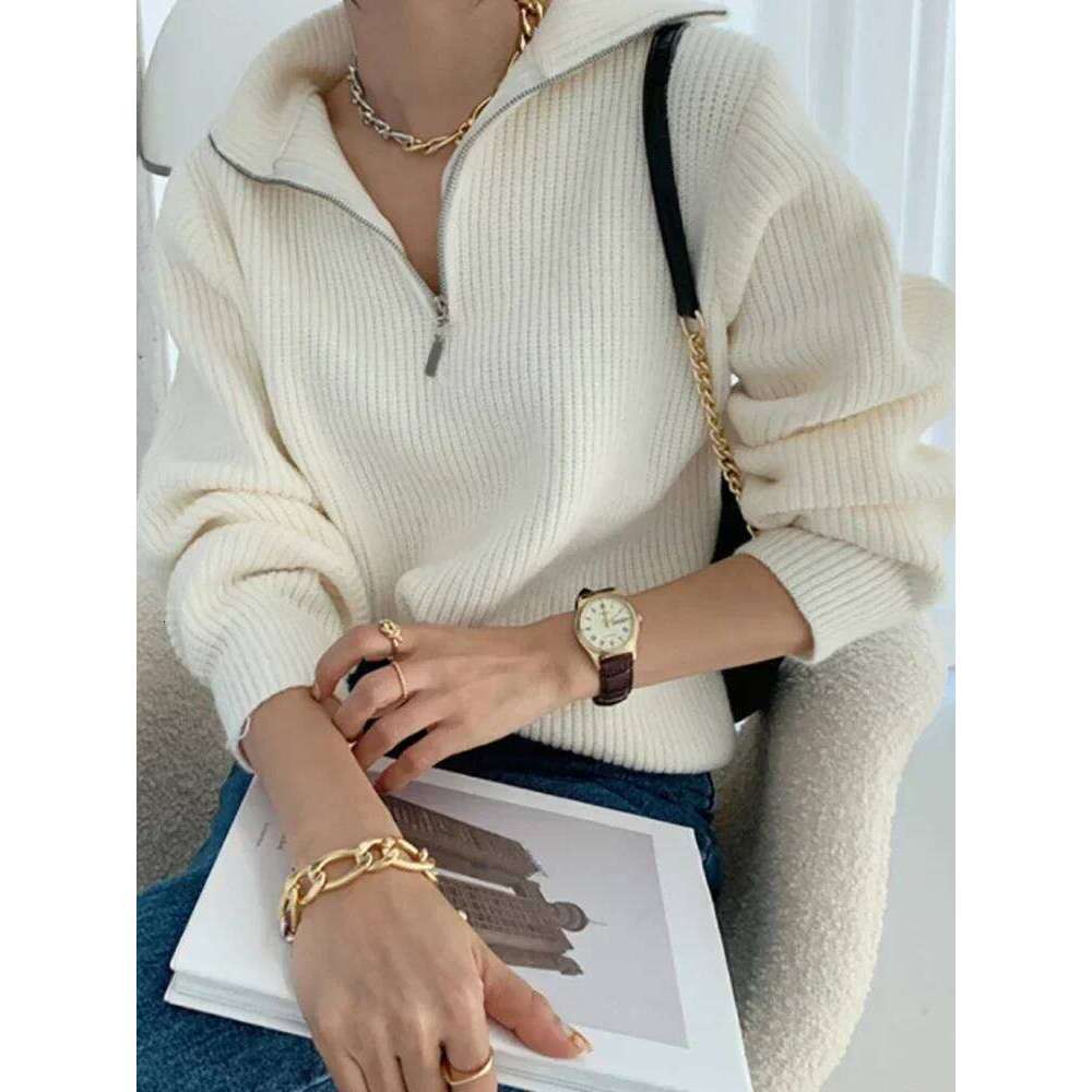 Elegant Turtleneck Zipper Women Fashion Loose Long Sleeve Knitted Pullover Casual Solid Winter 2025 New Sweater Z260313