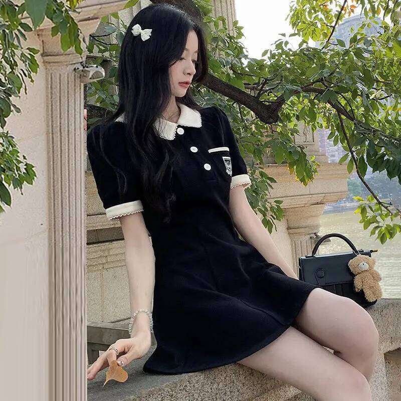 Fashion Contrasting Colors Academic Style Appear Thin Lower Back Printing Temperament Polo Collar Women's Dress Summer 2024 Z260313