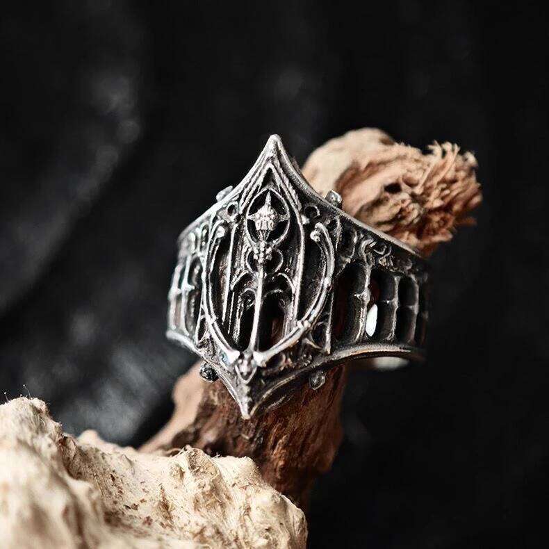 LATS Retro Personality Ancient Silver Color Hollowed-out Relief Crown Castle Rings for Women Men Halloween Trend Gothic Jewelry H260312