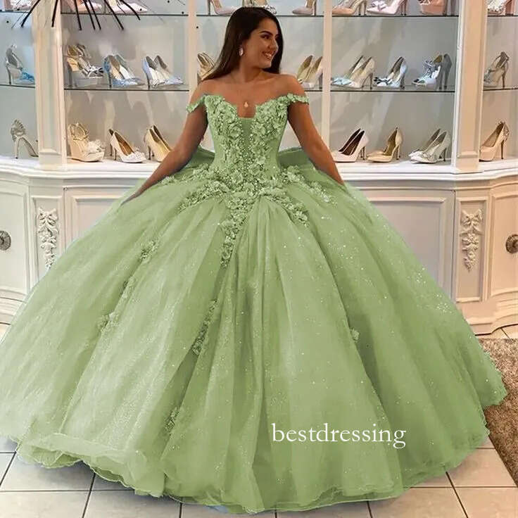 Princess Sage Ball Gown Quinceanera Dresses With 3D Floral Appliques Off Shoulder Floor Length Tulle Birthday Prom Dress Big Bow Back Sweet 16 Gowns D