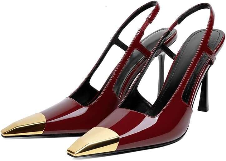 Slingback Heels For Women Metal Pointed Toe Stiletto High Pumps Slip On Shoes Geometric Heel MOJIDASHU