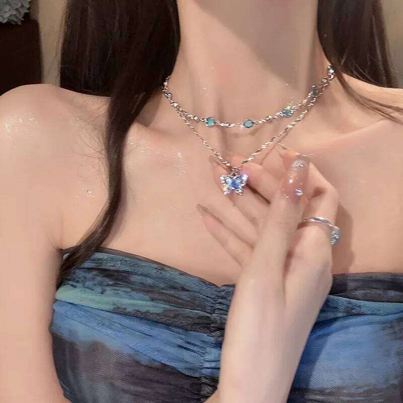 LATS Romantic Blue Crystal Butterfly Necklace for Women Girls Simple Shiny Zircon Bilayer Choker Clavicle Chain New Fine Jewelry H260312
