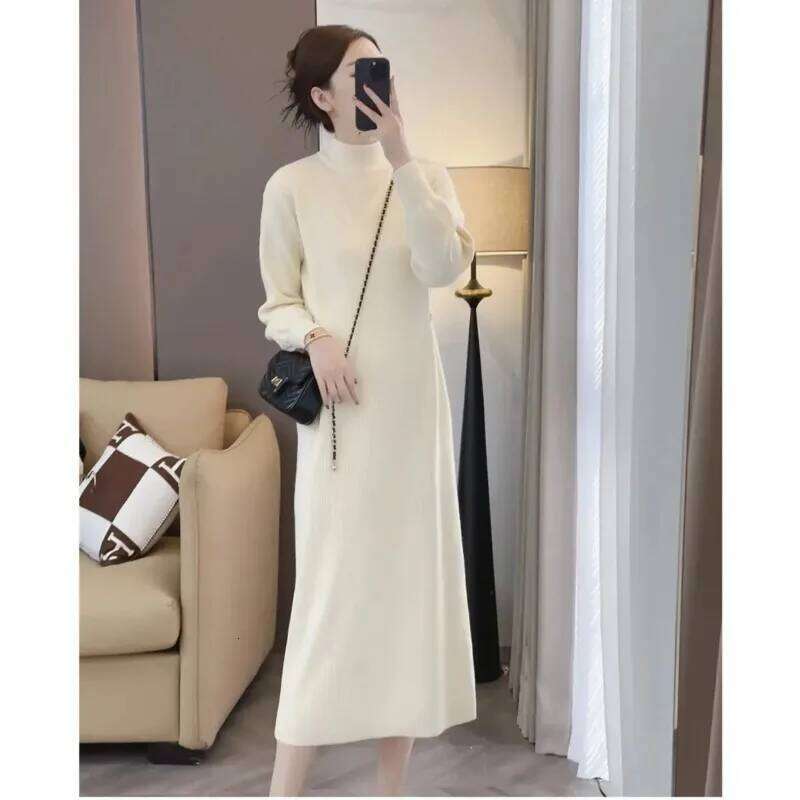 High-end Button Waist Design Thickened Sweater Women's Knee-length Mid-length Bottoming Knitted Dress Autumn and Winter Z260314