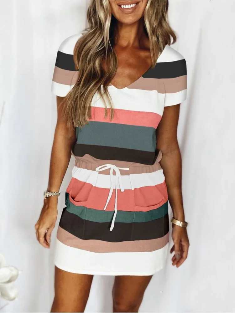 Summer New Stripe Print Mini Dresses Women Comfortable Casual V-neck Drawstring Elastic Waist Dress Lady Commuting Style VestidoT260314