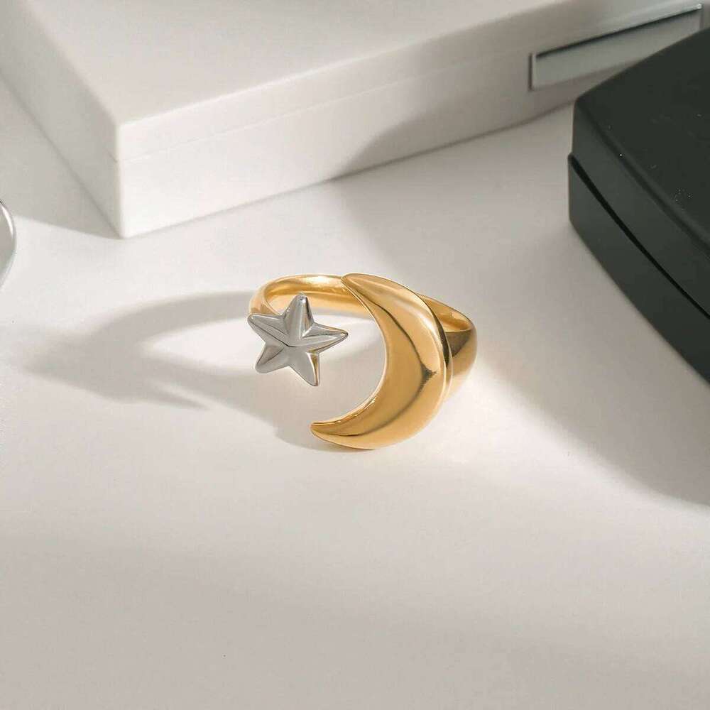 XIANING Minimalist Two Tone Star Moon Open 18K Gold Color Plated Stainless Steel Universe Ring Women's Jewelry Party Gift H260312