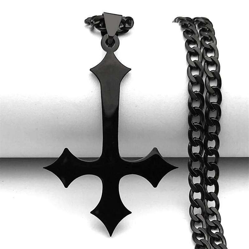 Goth Upside Down Stainless Steel Pendant Necklace for Men Black Color Inverted Cross Kering Handbag Accessorie Jewelry H260312