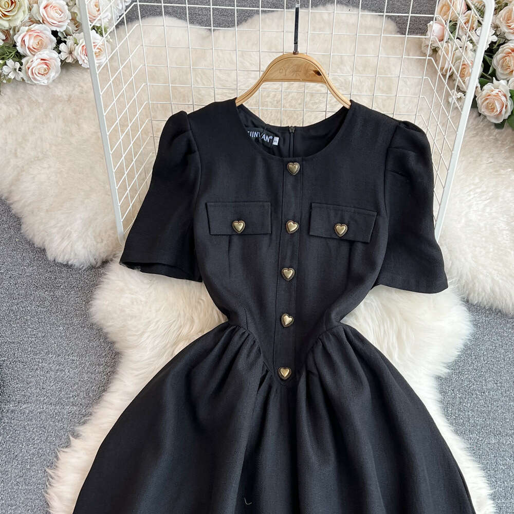 Black Hepburn style long skirt, summer style retro elegant a20 fluffy short sleeved round neck waist slimming A-line skirt