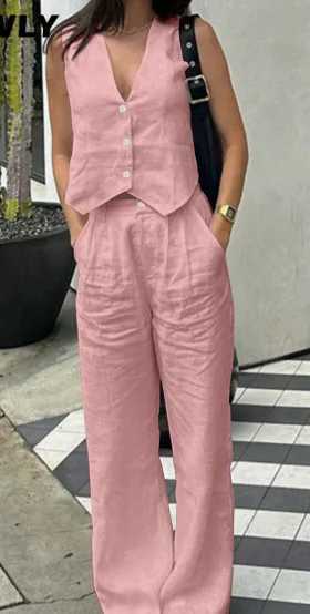 Casual Cotton Linen V-neck Single Breasted Sleeveless Vest wide Leg Pants Womens Fashionable Comfortable Daily Commuting Set M260313