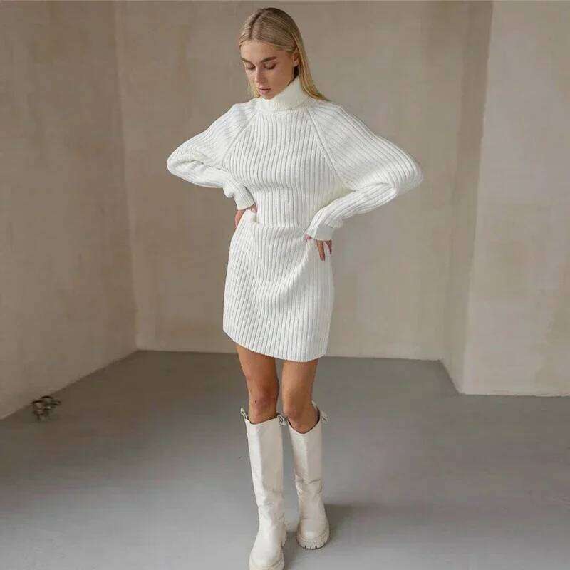 White Turtleneck Knitted Dresses Woman Winter Autumn Oversized Sweater Fashion Long Sleeve Mini Dress Casual Knitwear Z260314