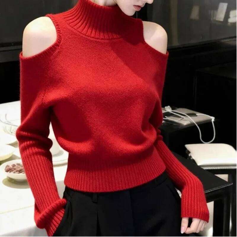 Red Off Shoulder Turtleneck Sweater Women Autumn Winter Lazy High End Sense Top Unique Stylish Knit Base Shirt Z260313